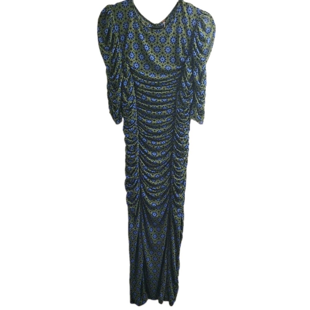 NWT Free People Briella Midi Dress XL Army Combo Ruched Mesh Floral $168